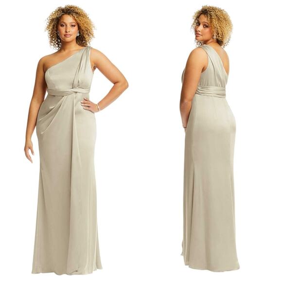 DESSY COLLECTION Draped Twist Empire Waist Gown in Champagne - Picture 1 of 10